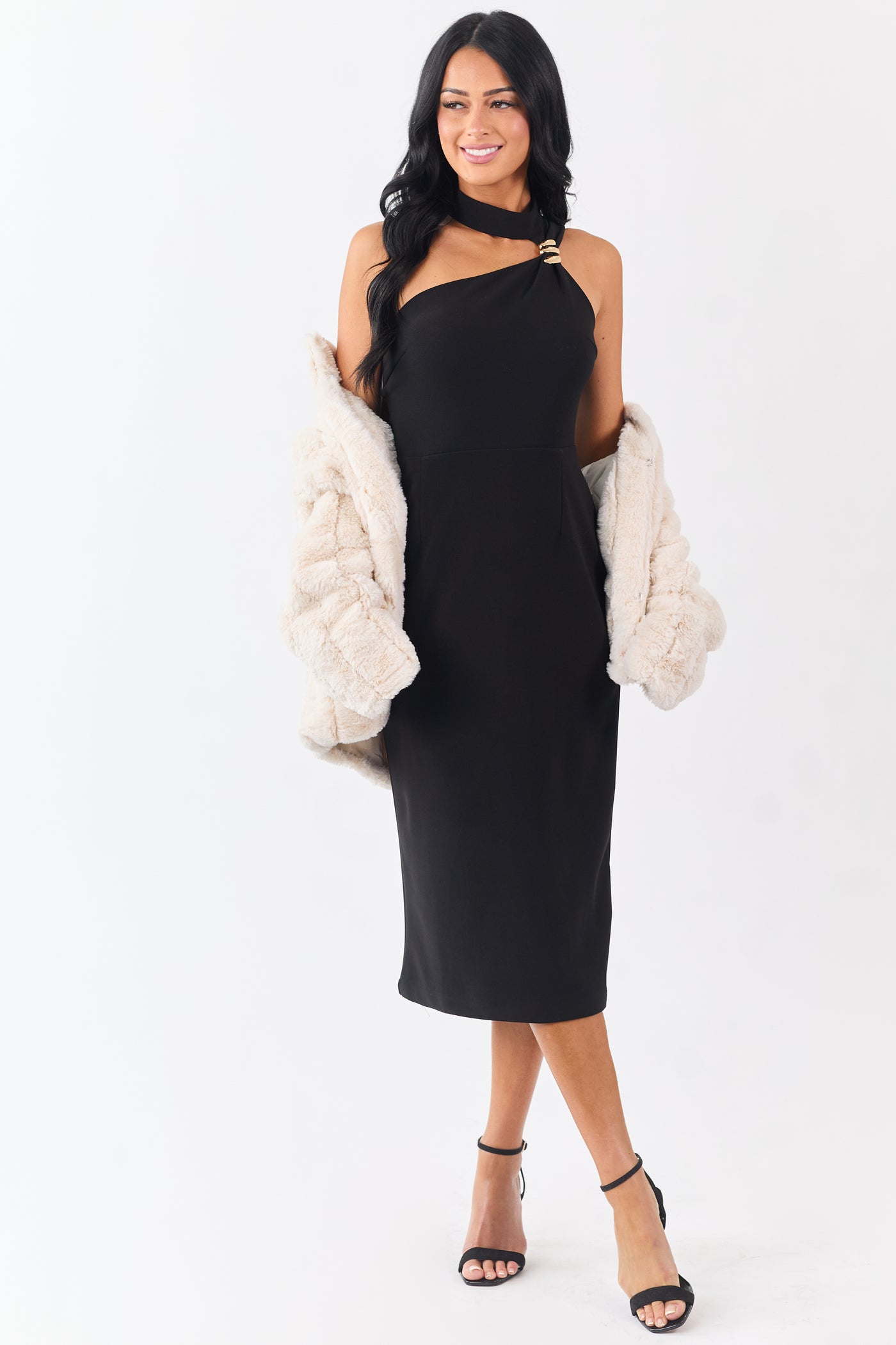 Black Gold Hardware Halter Neck Midi Dress