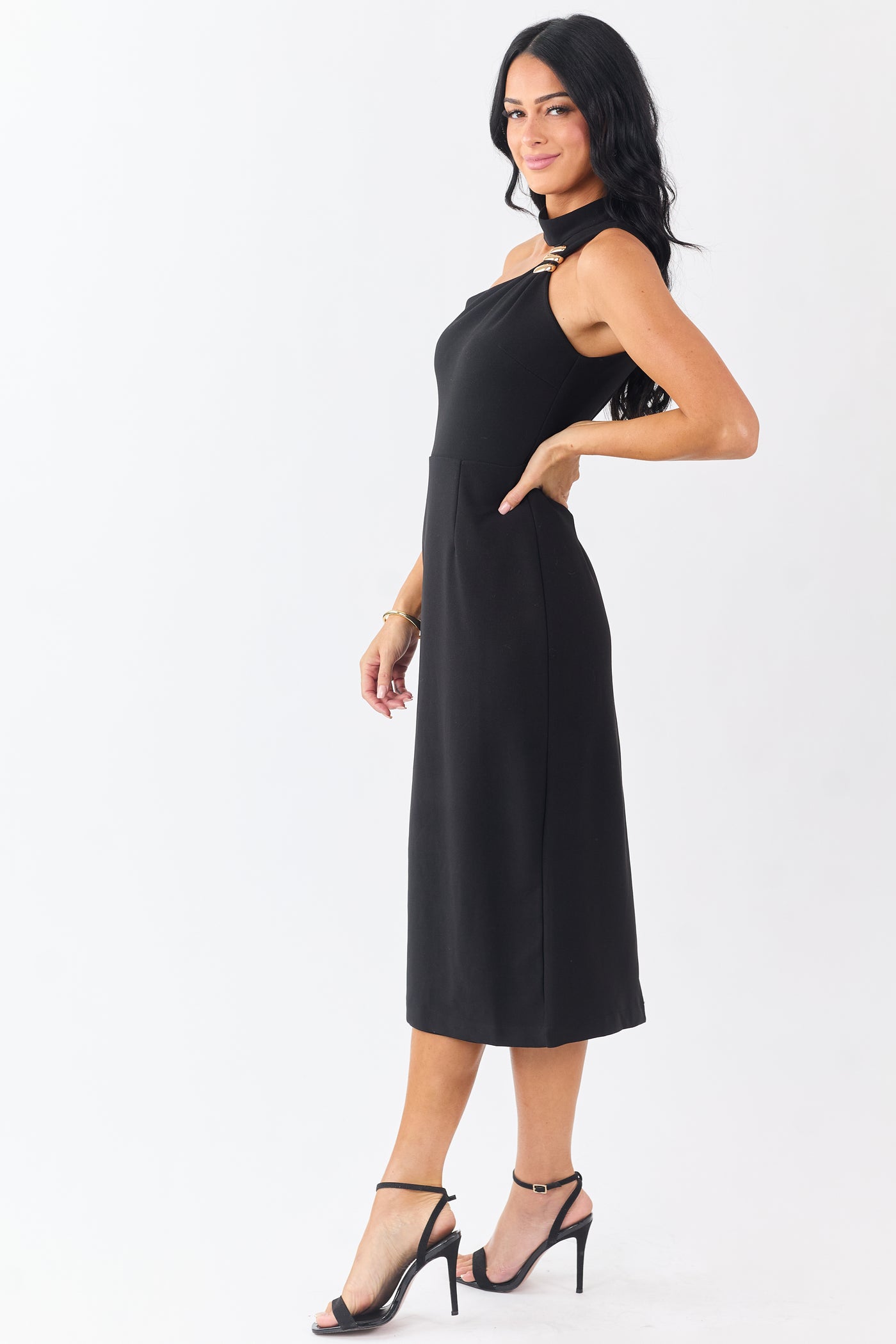 Black Gold Hardware Halter Neck Midi Dress