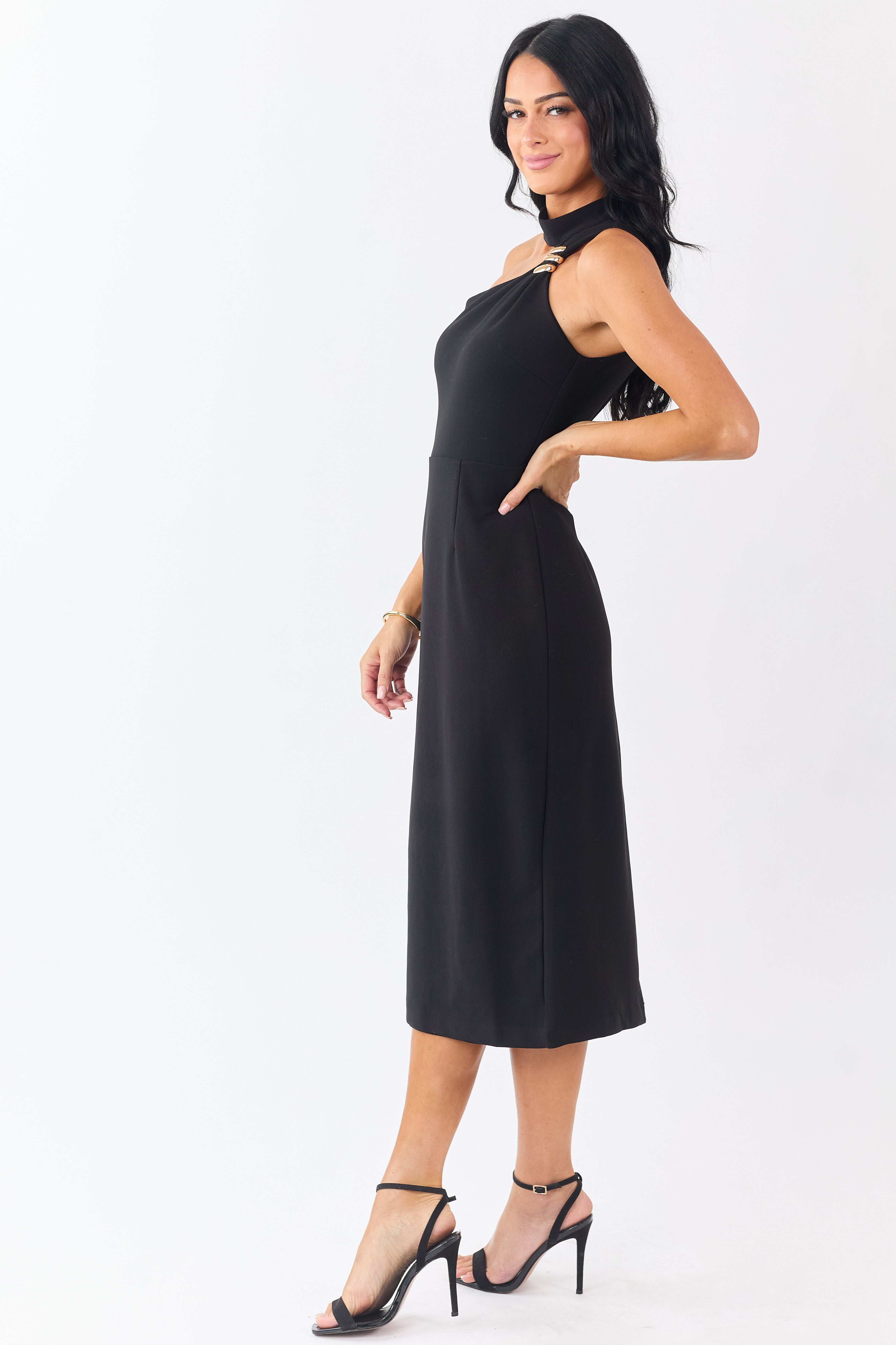 Black Gold Hardware Halter Neck Midi Dress