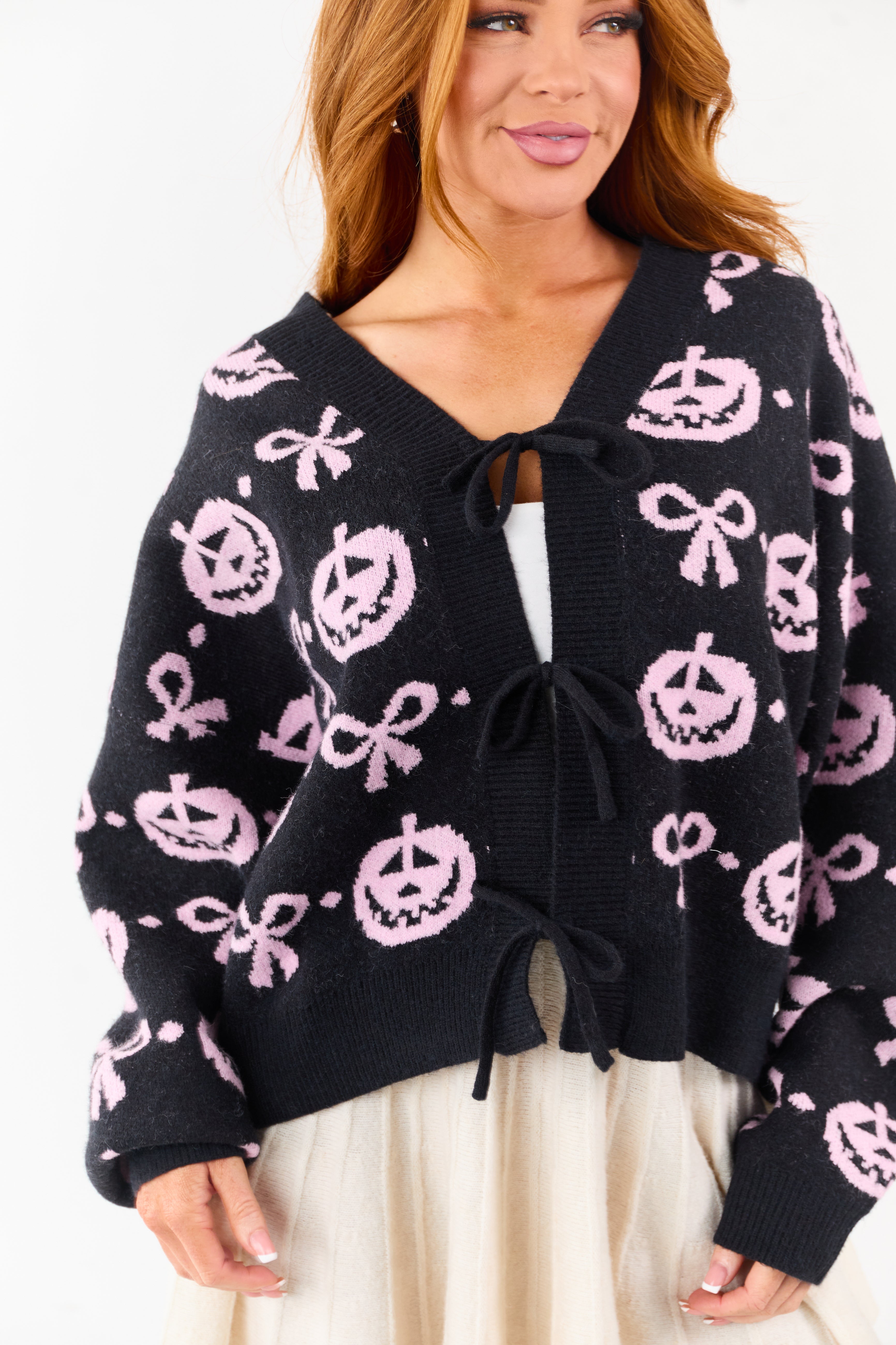 Black Halloween Pattern Tie Front Sweater Cardigan