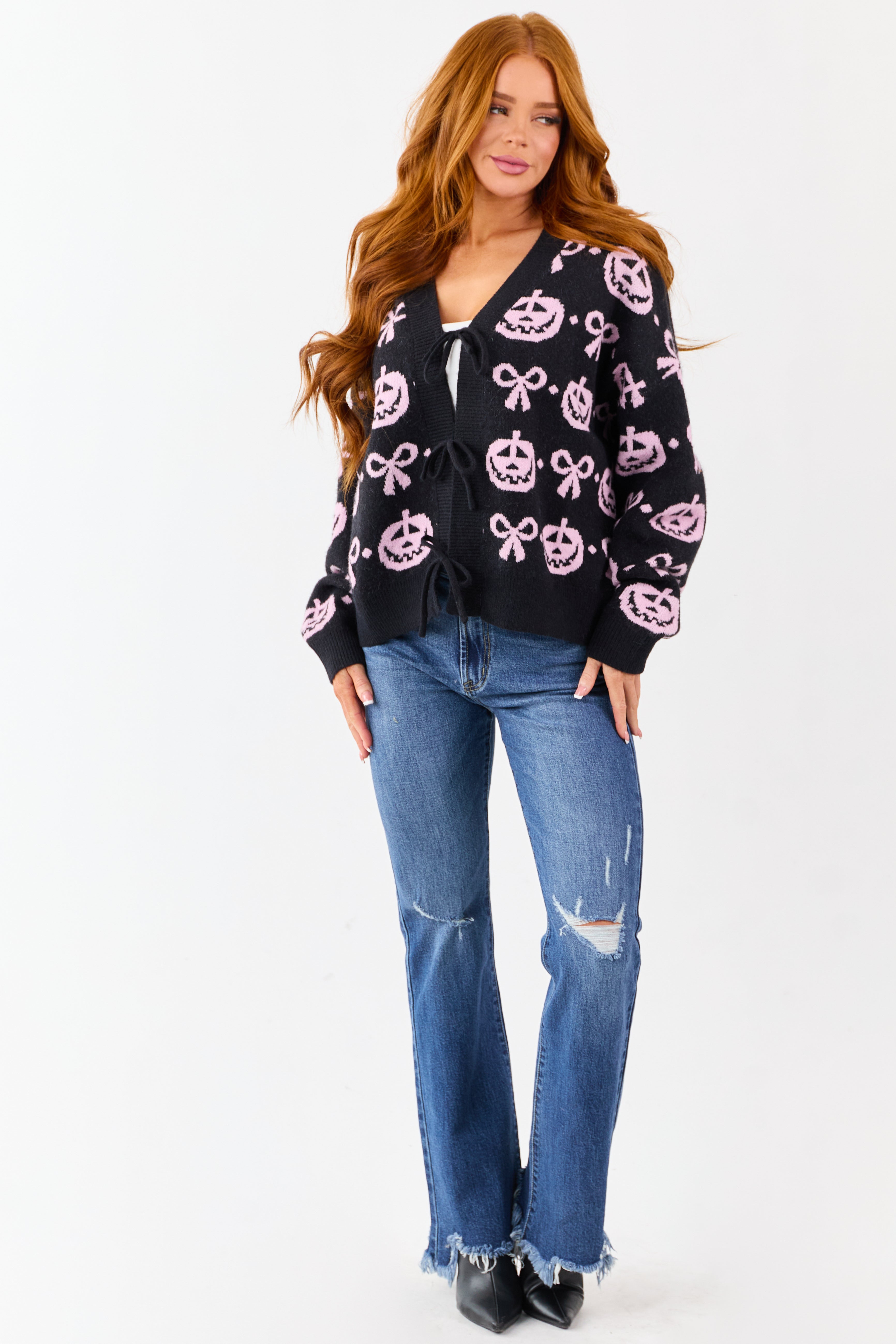 Black Halloween Pattern Tie Front Sweater Cardigan