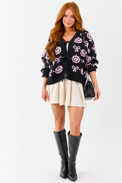 Black Halloween Pattern Tie Front Sweater Cardigan