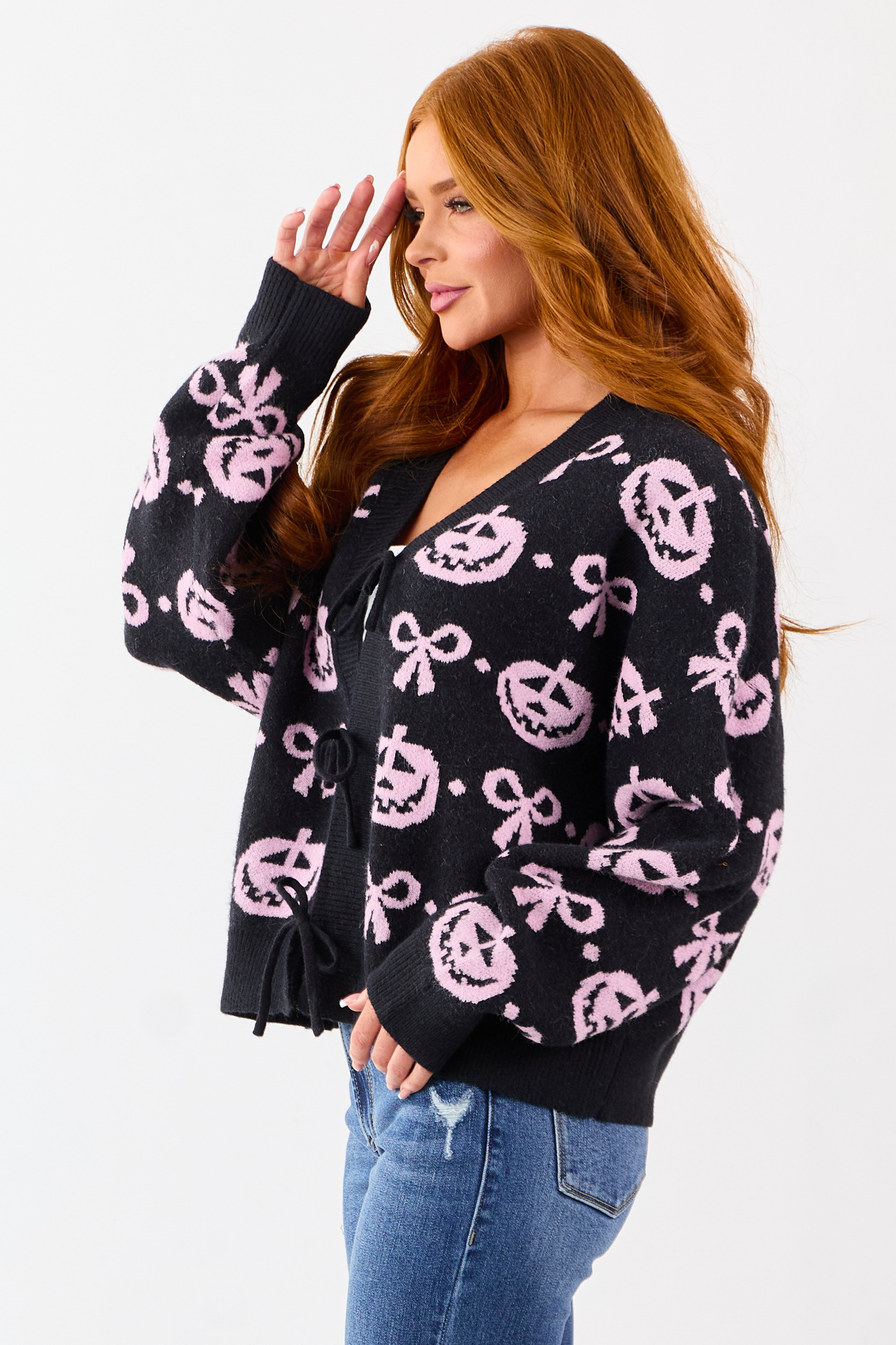 Black Halloween Pattern Tie Front Sweater Cardigan