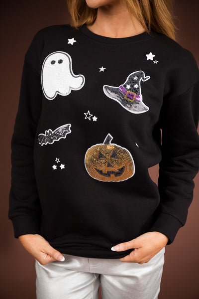 Black Halloween Sequin Graphics Pullover