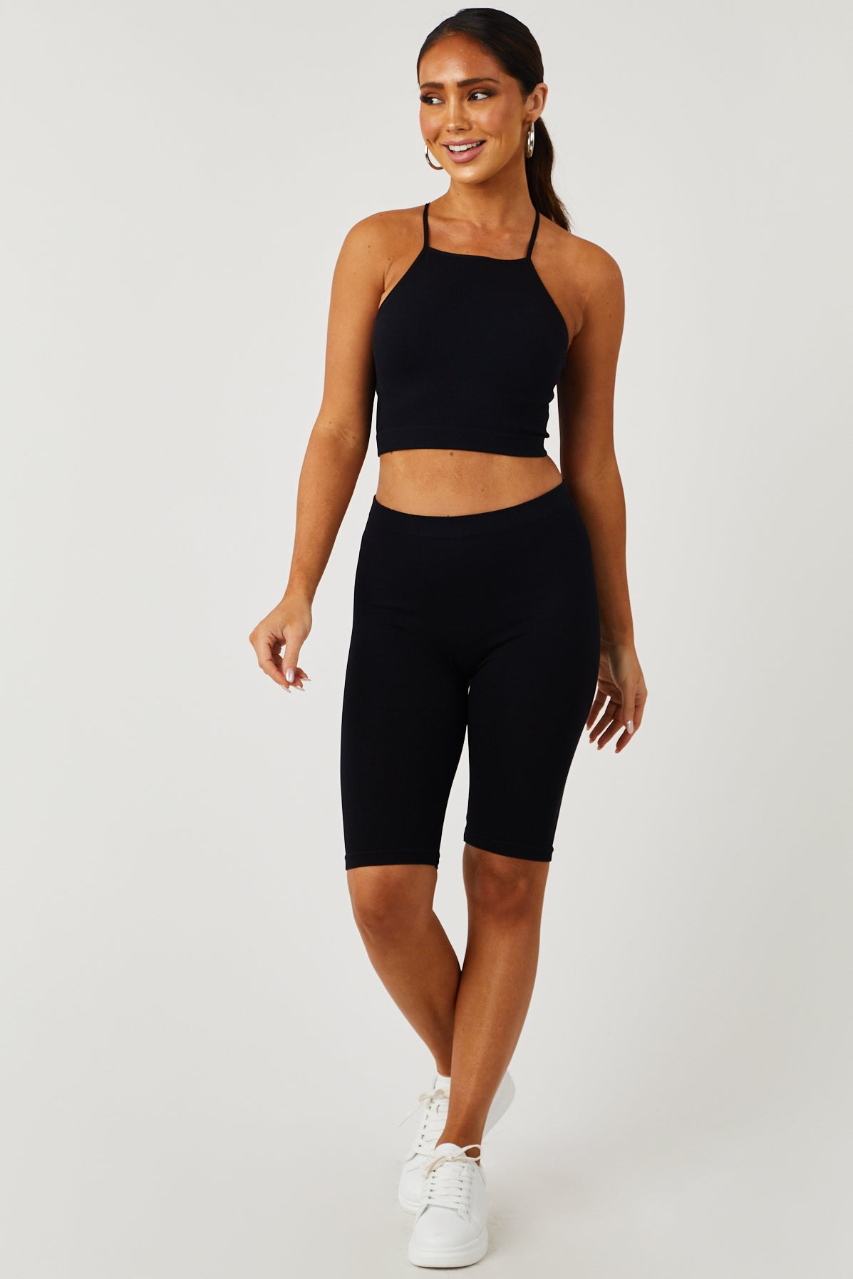 Black Halter Cropped Top and Biker Shorts Set