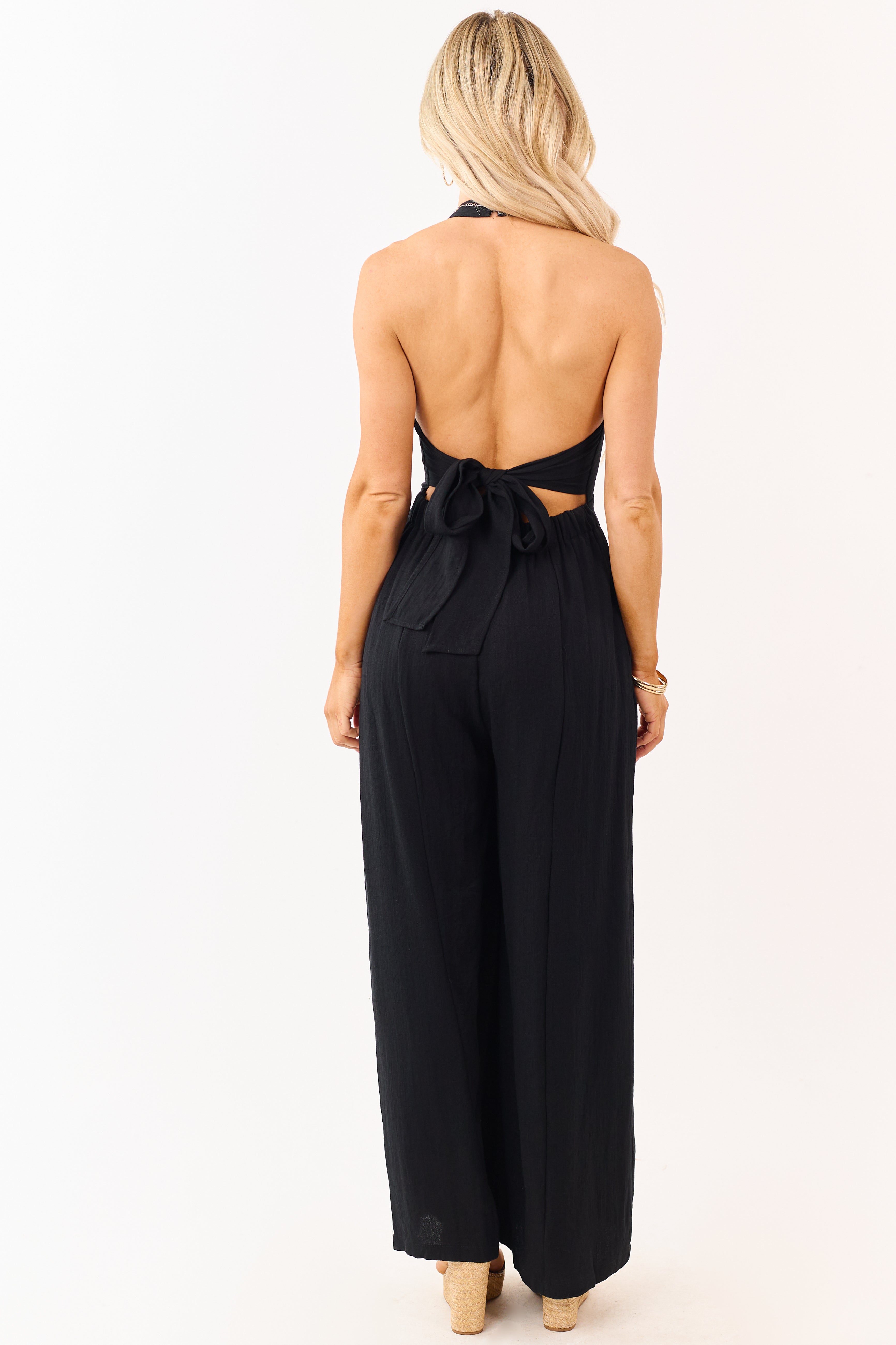 Black Halter Neck Buttoned Wide Leg Jumpsuit | Lime Lush Boutique