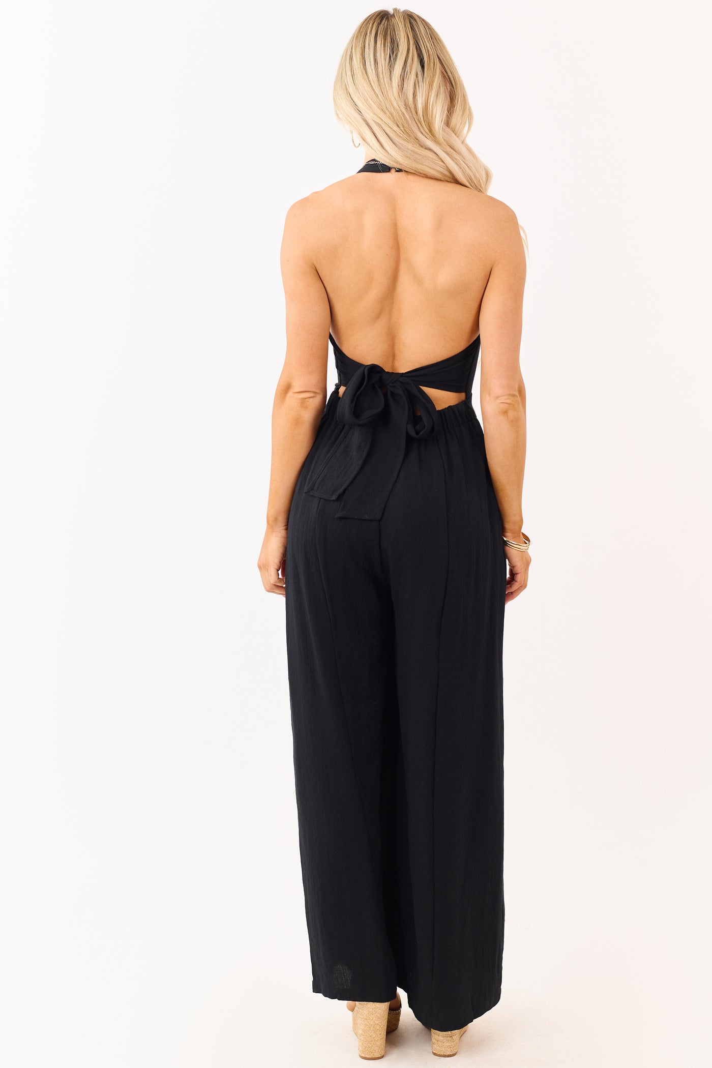 Black Halter Neck Buttoned Wide Leg Jumpsuit