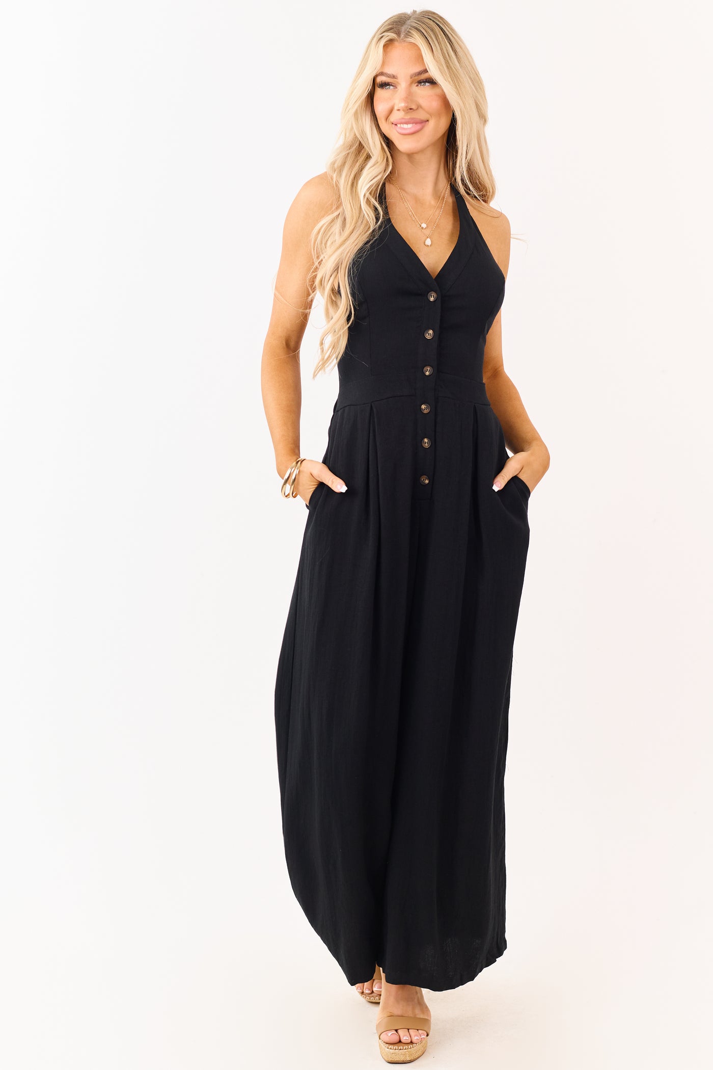 Black Halter Neck Buttoned Wide Leg Jumpsuit