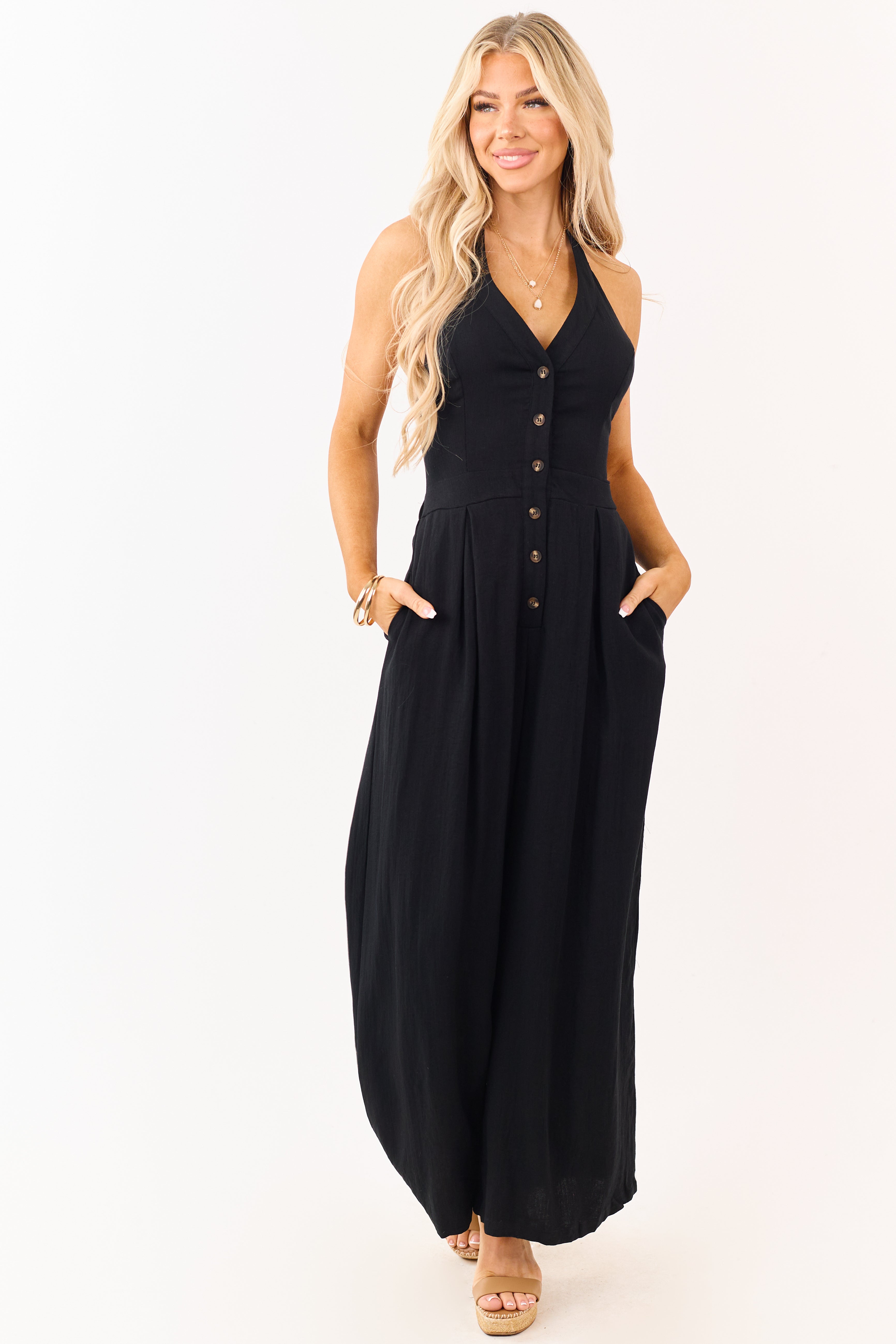 Black Halter Neck Buttoned Wide Leg Jumpsuit