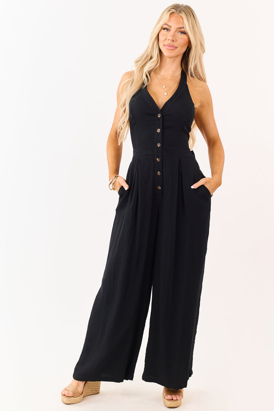 Black Halter Neck Buttoned Wide Leg Jumpsuit