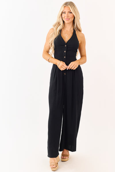 Black Halter Neck Buttoned Wide Leg Jumpsuit