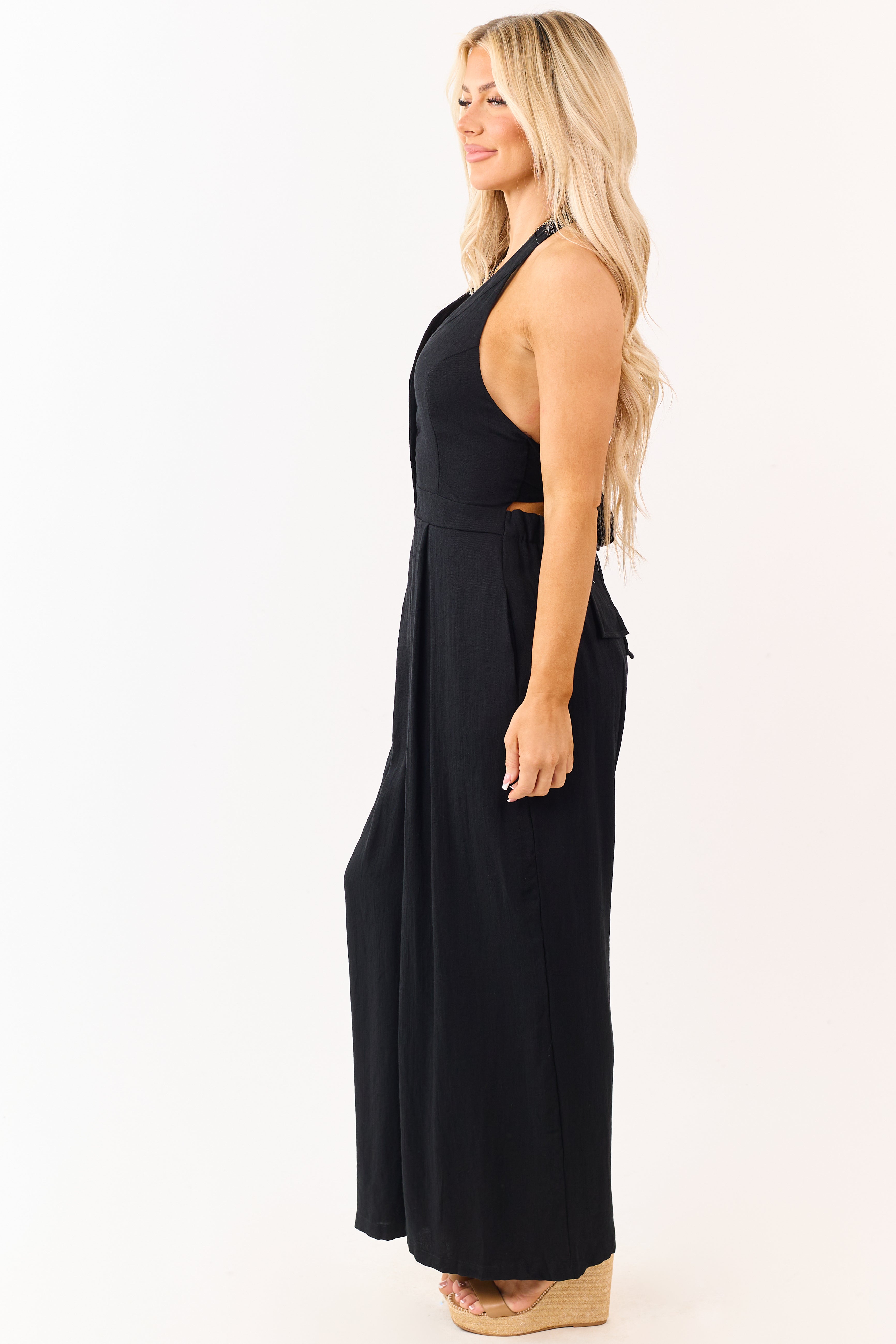 Black Halter Neck Buttoned Wide Leg Jumpsuit | Lime Lush Boutique