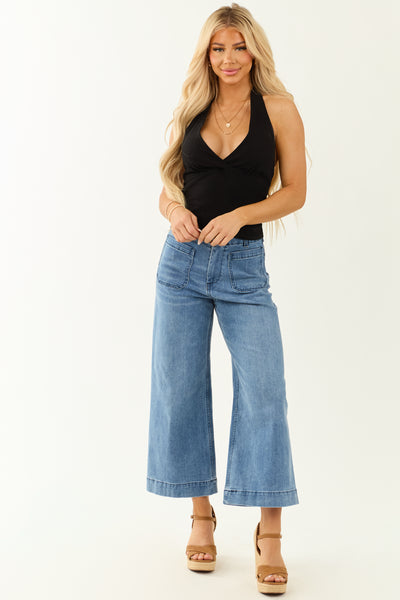 Black Halter Surplice Neck Linen Tank Top