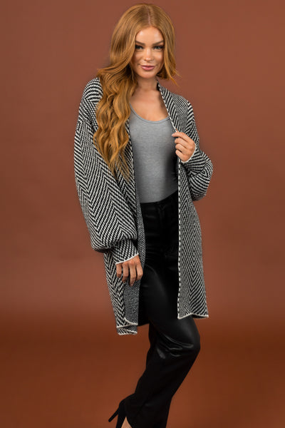 Black Herringbone Oversized Cardigan