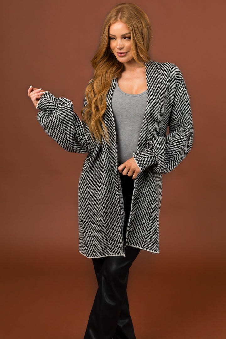 Black Herringbone Oversized Cardigan