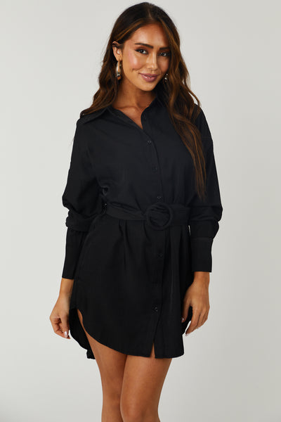 Black High Low Button Down Belted Shirt Dress