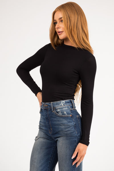 Black High Neck Long Sleeve Solid Bodysuit