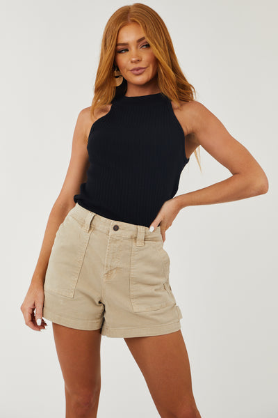 Black High Neck Ribbed Knit Tank Top