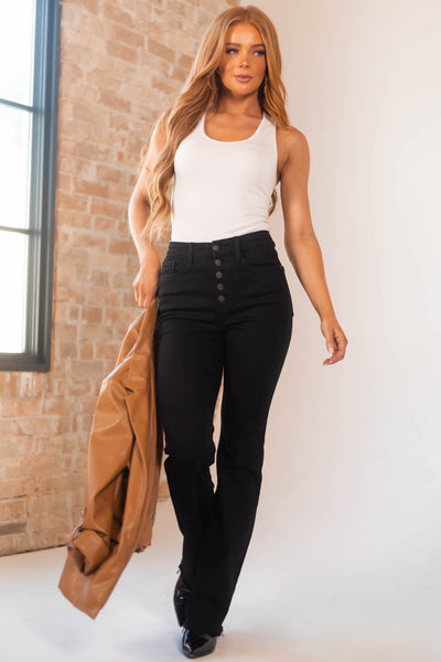 Black High Rise Button Fly Bootcut Jeans