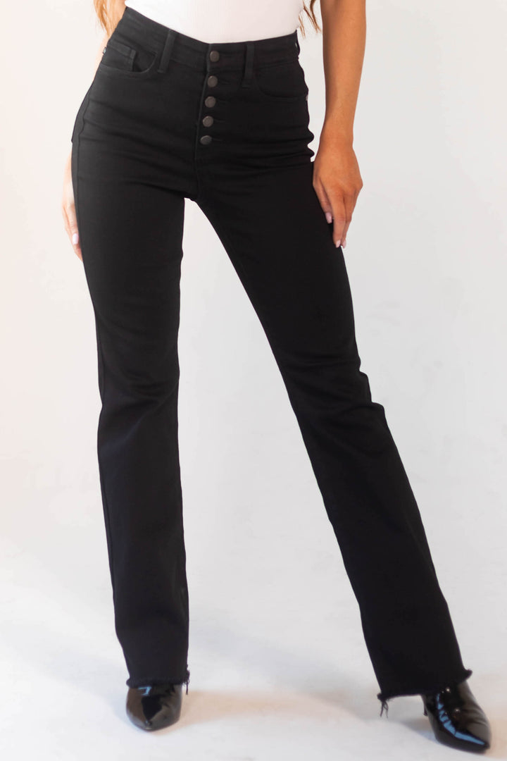 Black High Rise Button Fly Bootcut Jeans