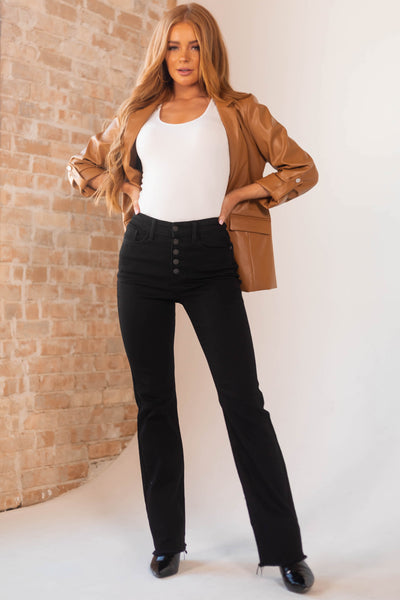 Black High Rise Button Fly Bootcut Jeans
