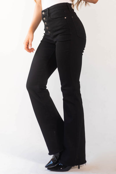 Black High Rise Button Fly Bootcut Jeans
