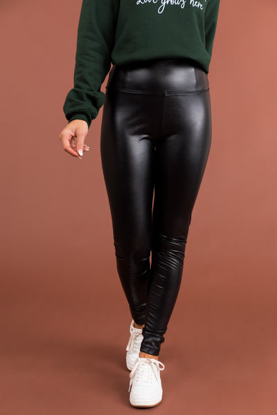 Black High Rise Soft Lined Faux Leather Leggings