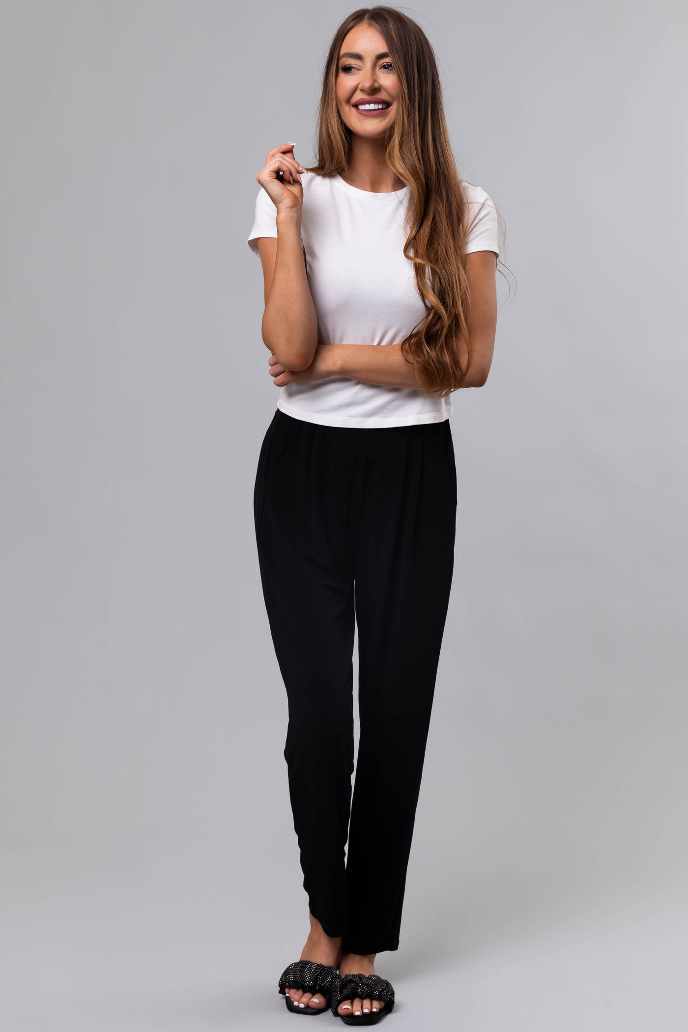 Black High Waist Pleated Straight Leg Pants