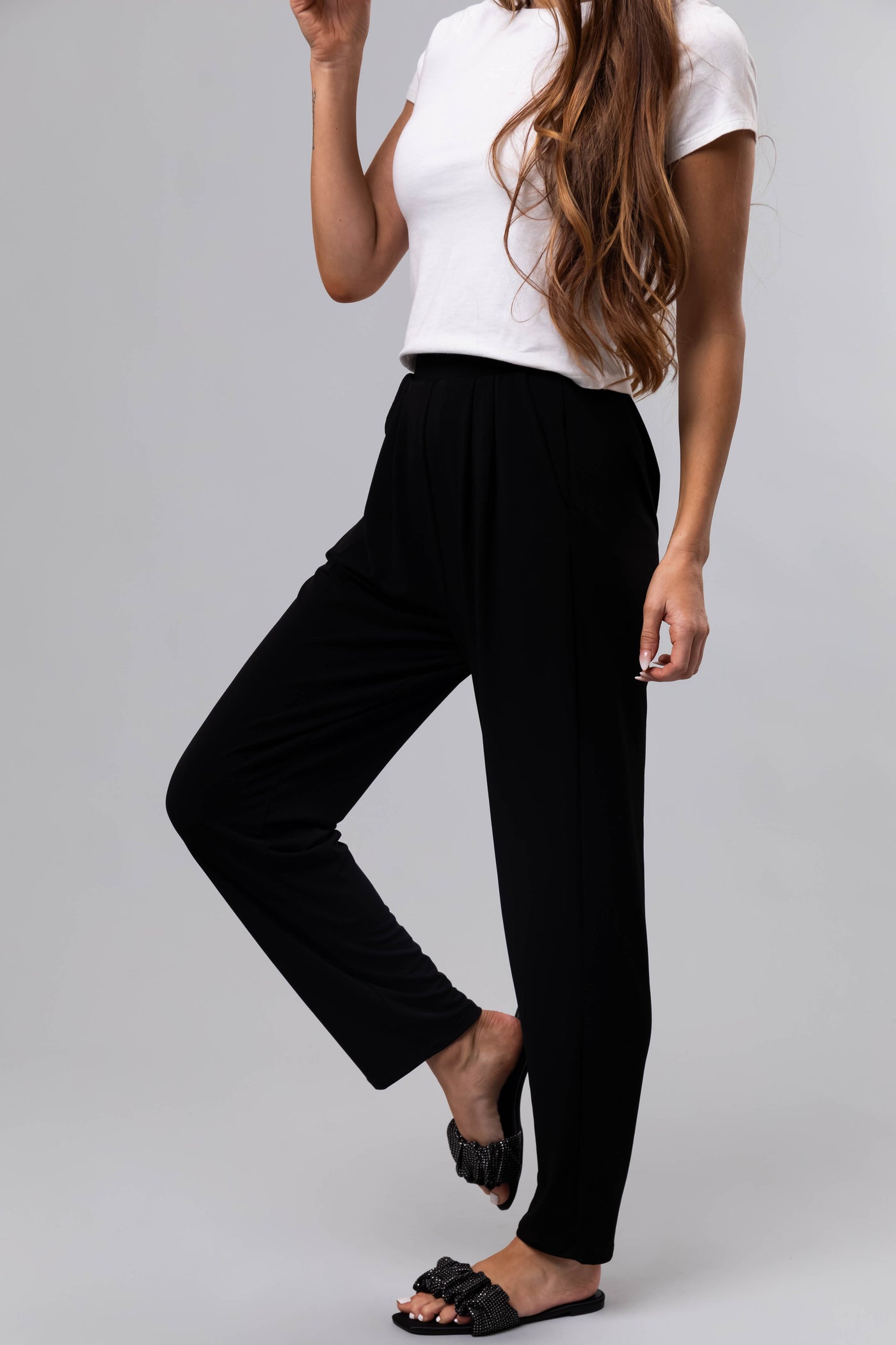 Black High Waist Pleated Straight Leg Pants