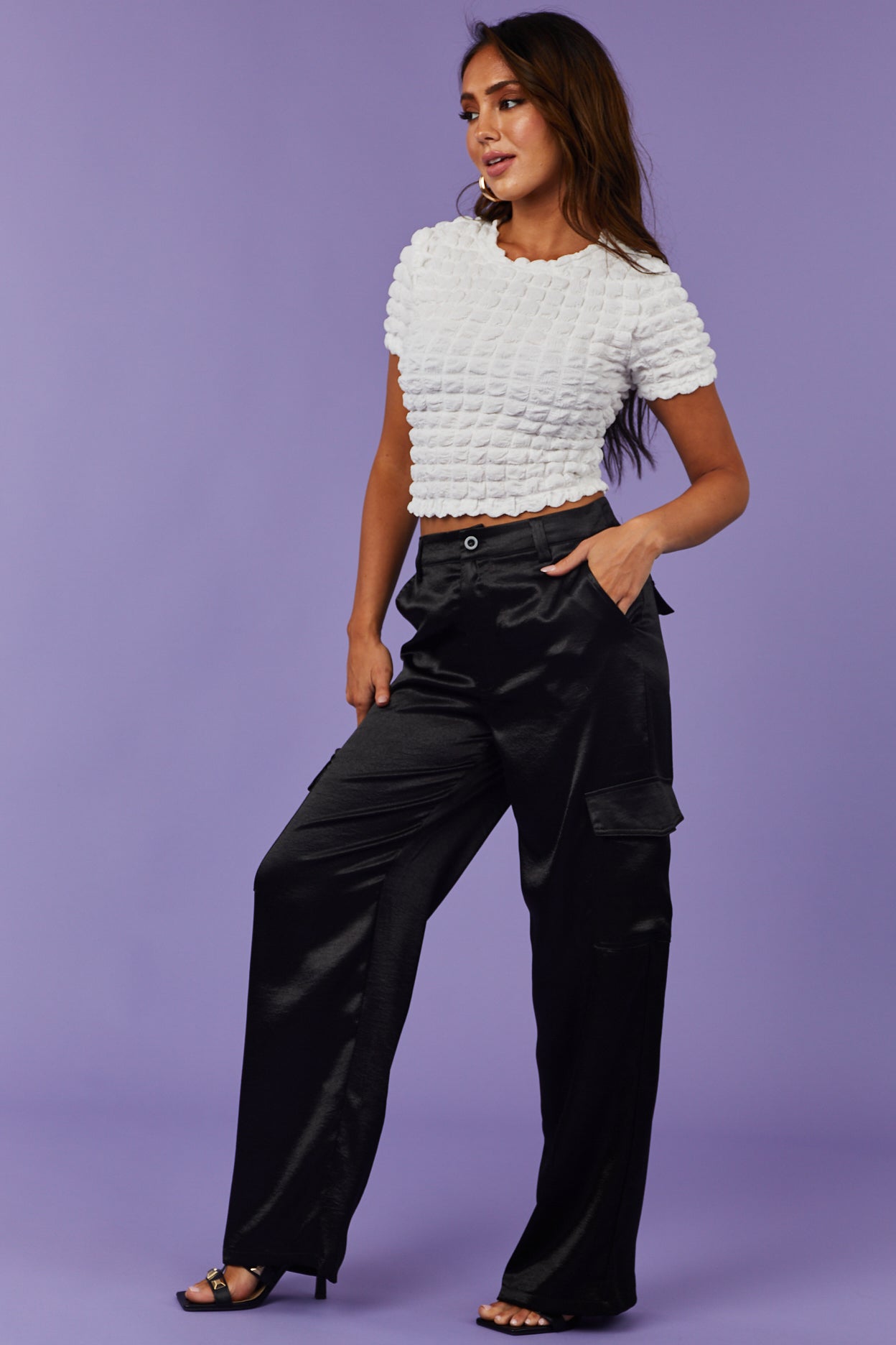 Black High Waisted Satin Cargo Pants Lime Lush