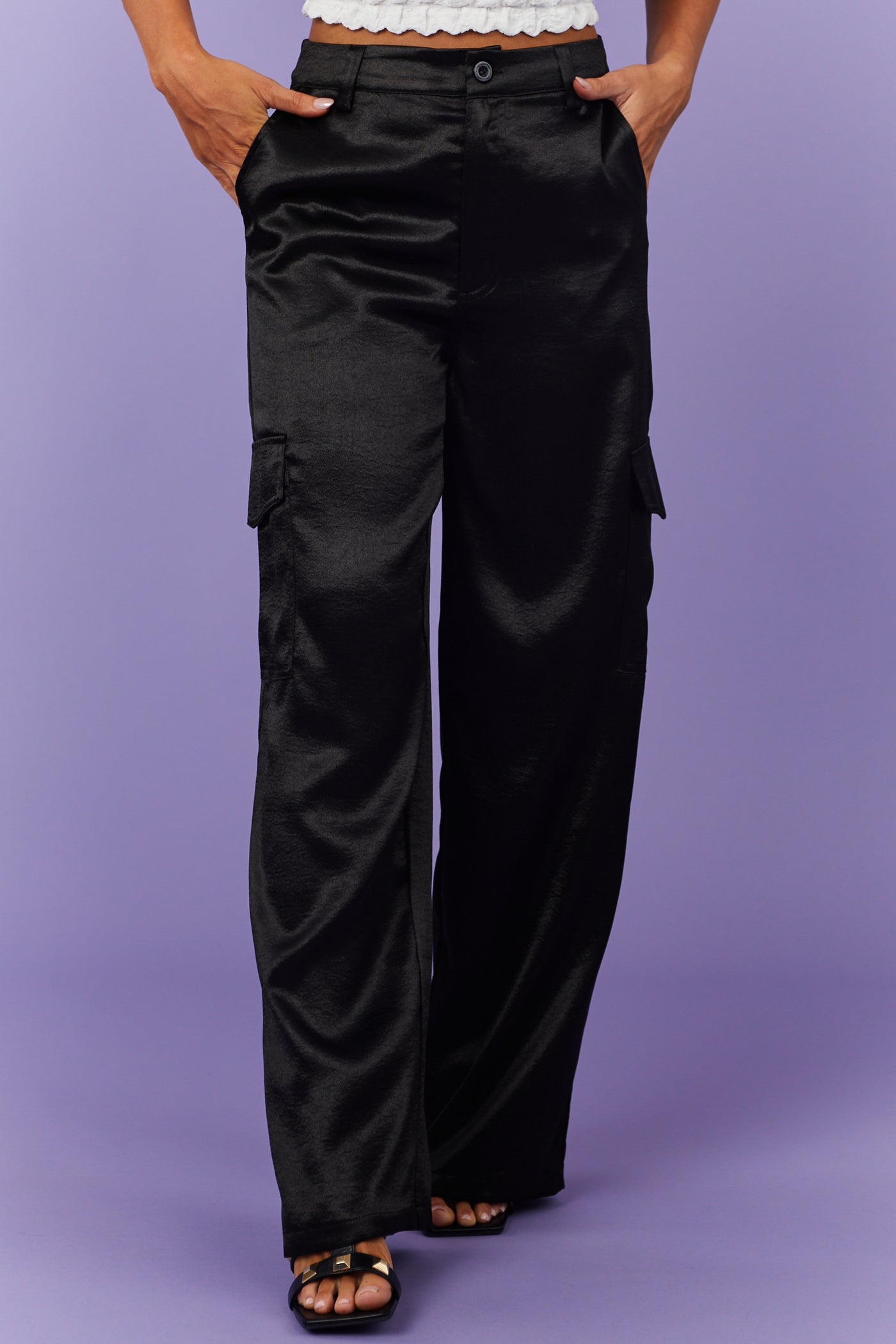 Black High Waisted Satin Cargo Pants Lime Lush