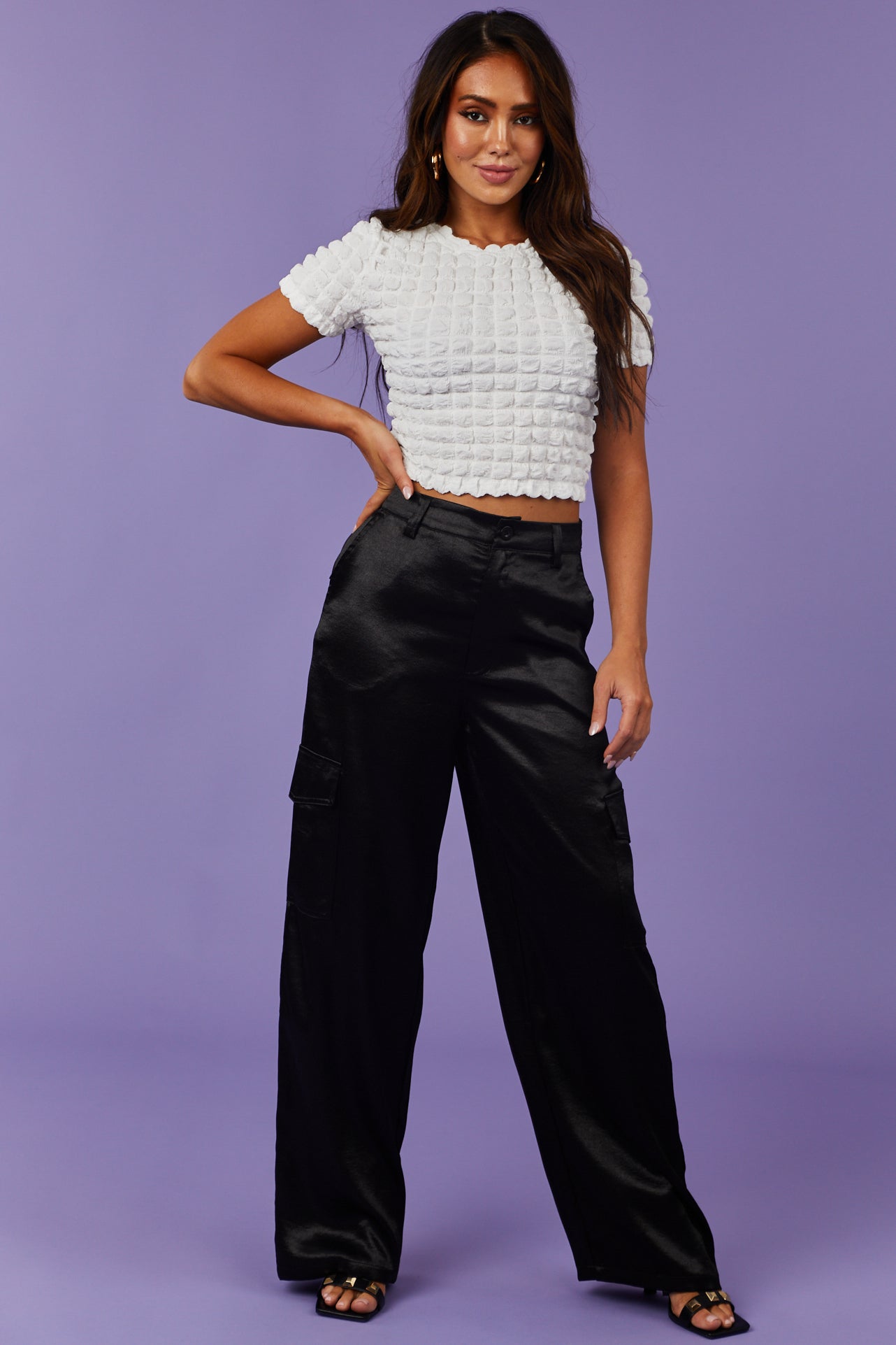 Black High Waisted Satin Cargo Pants Lime Lush