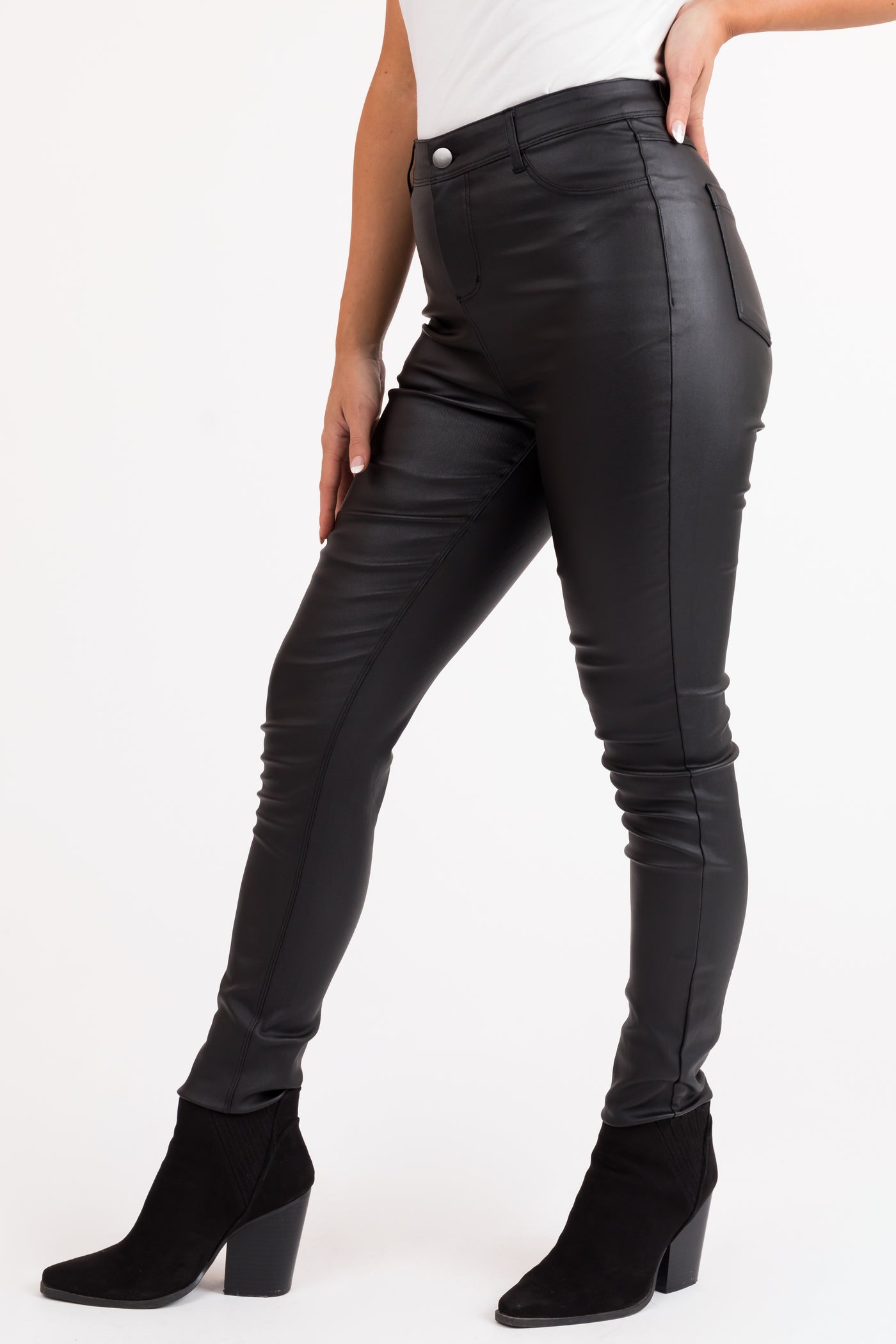 Black High Waisted Skinny Coated Pants | Lime Lush