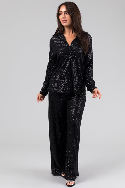 Black High Waisted Wide Leg Sequined Pants