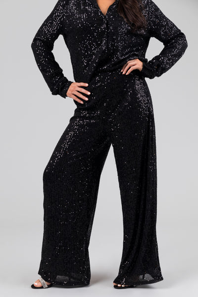 Black High Waisted Wide Leg Sequined Pants