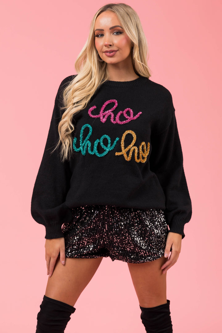 Black 'Ho Ho Ho' Tinsel Graphic Sweater