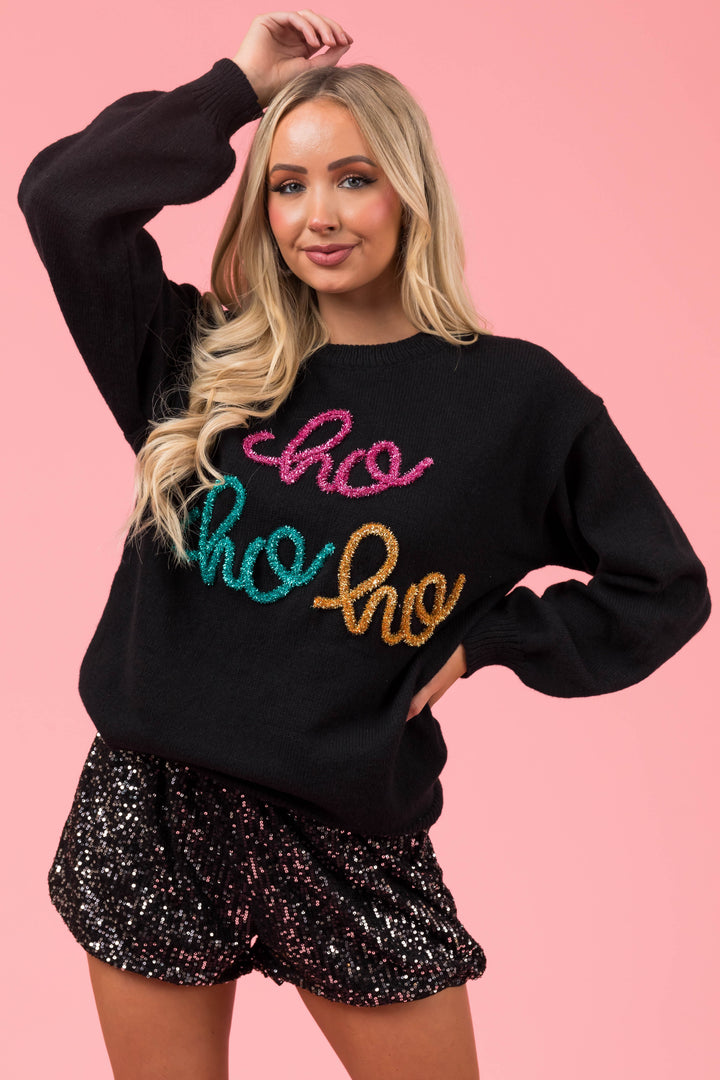 Black 'Ho Ho Ho' Tinsel Graphic Sweater