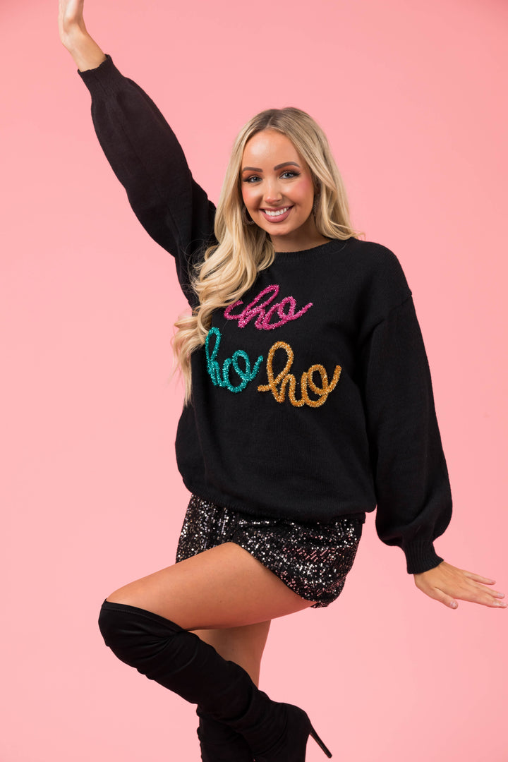 Black 'Ho Ho Ho' Tinsel Graphic Sweater