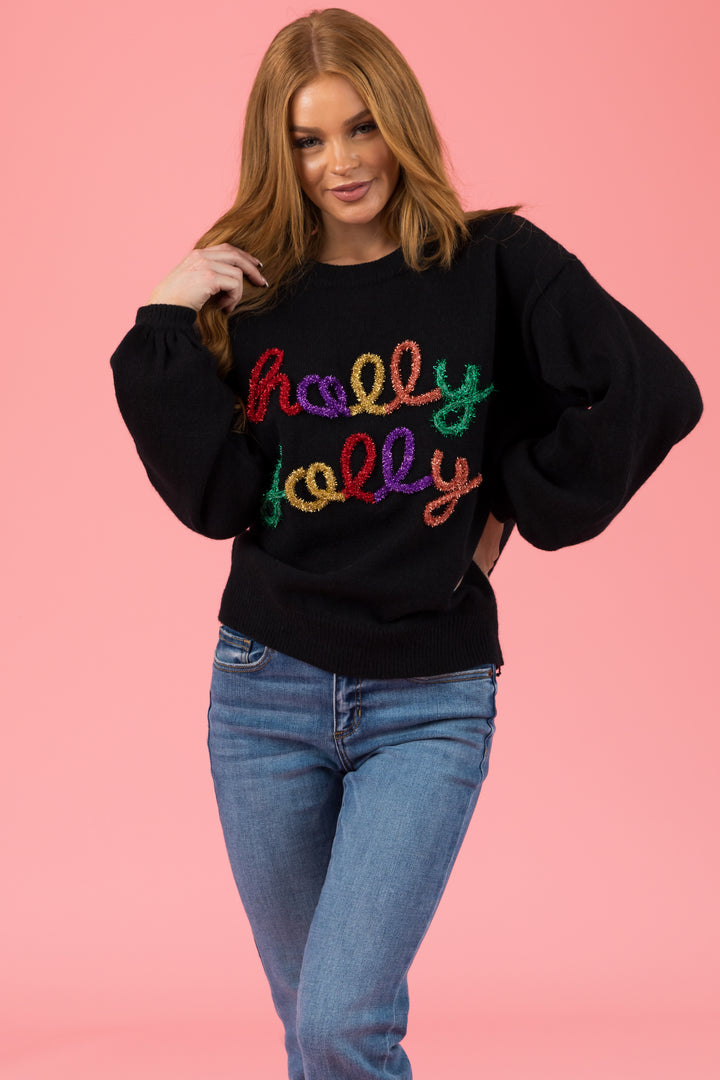Black 'Holly Jolly' Colorful Tinsel Sweater