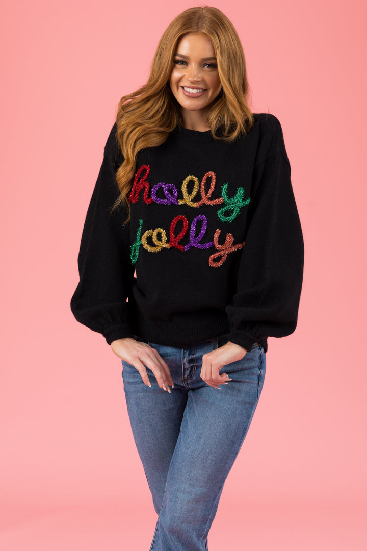 Black 'Holly Jolly' Colorful Tinsel Sweater