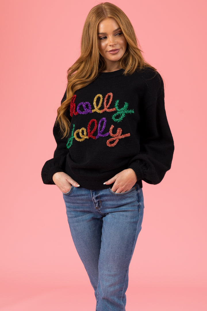 Black 'Holly Jolly' Colorful Tinsel Sweater