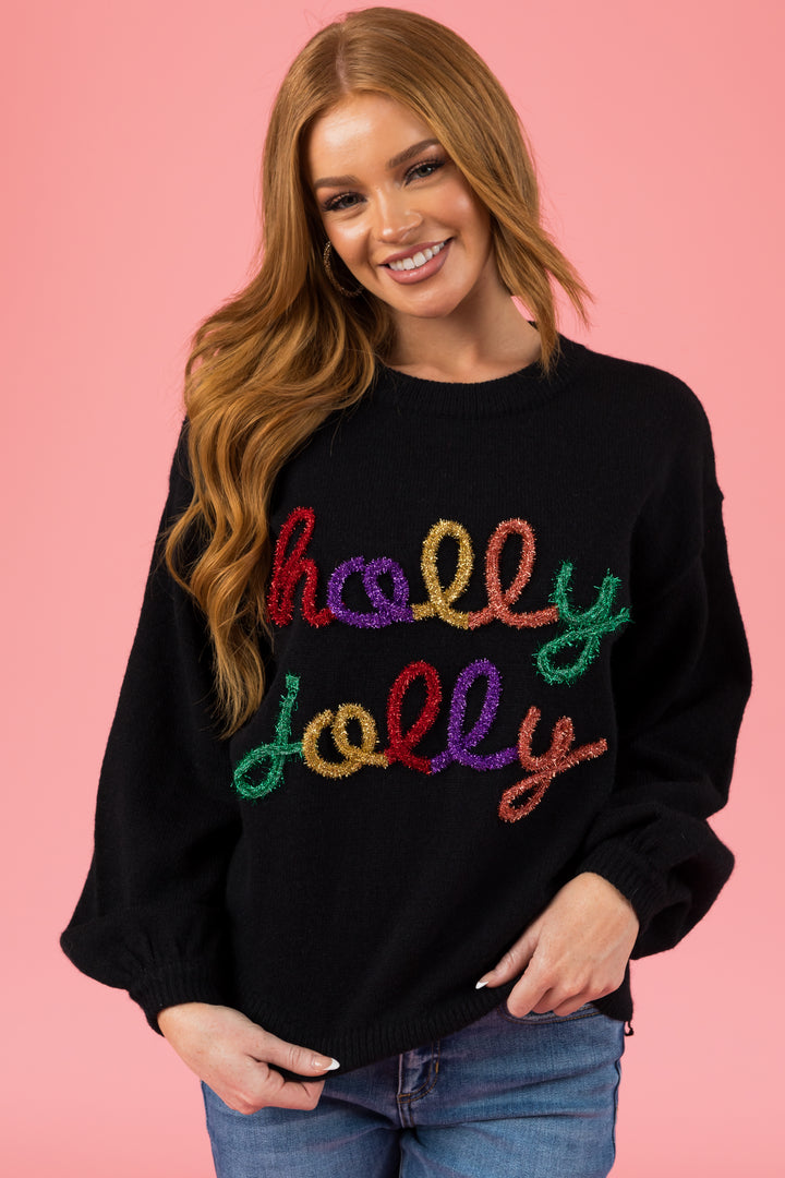 Black 'Holly Jolly' Colorful Tinsel Sweater