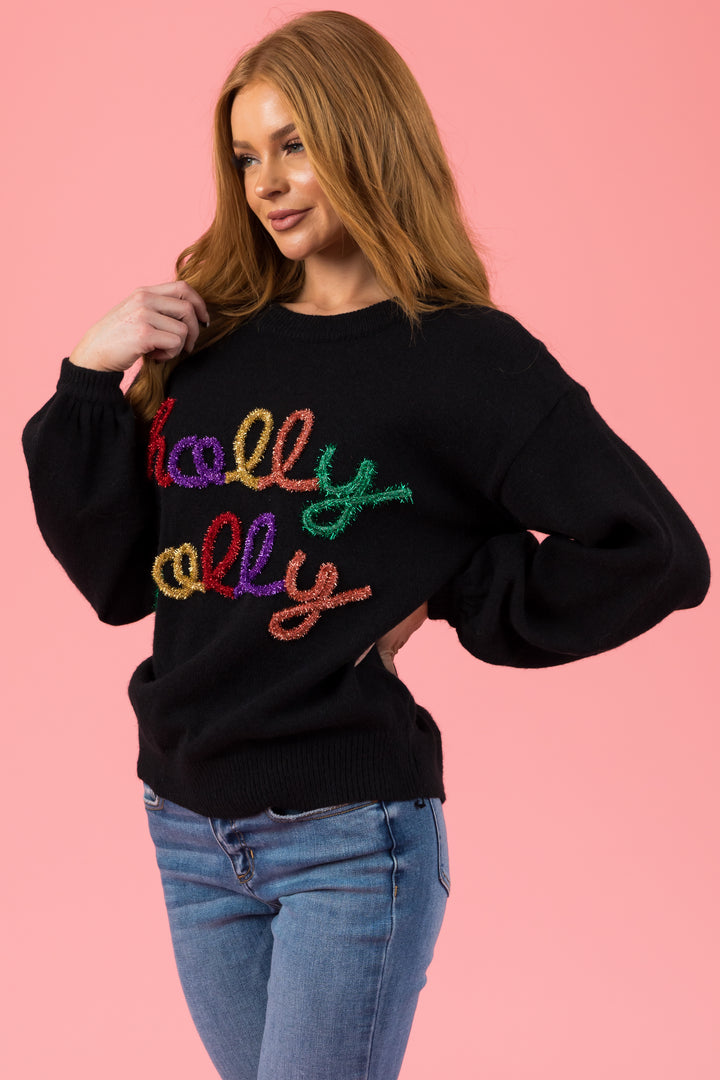Black 'Holly Jolly' Colorful Tinsel Sweater