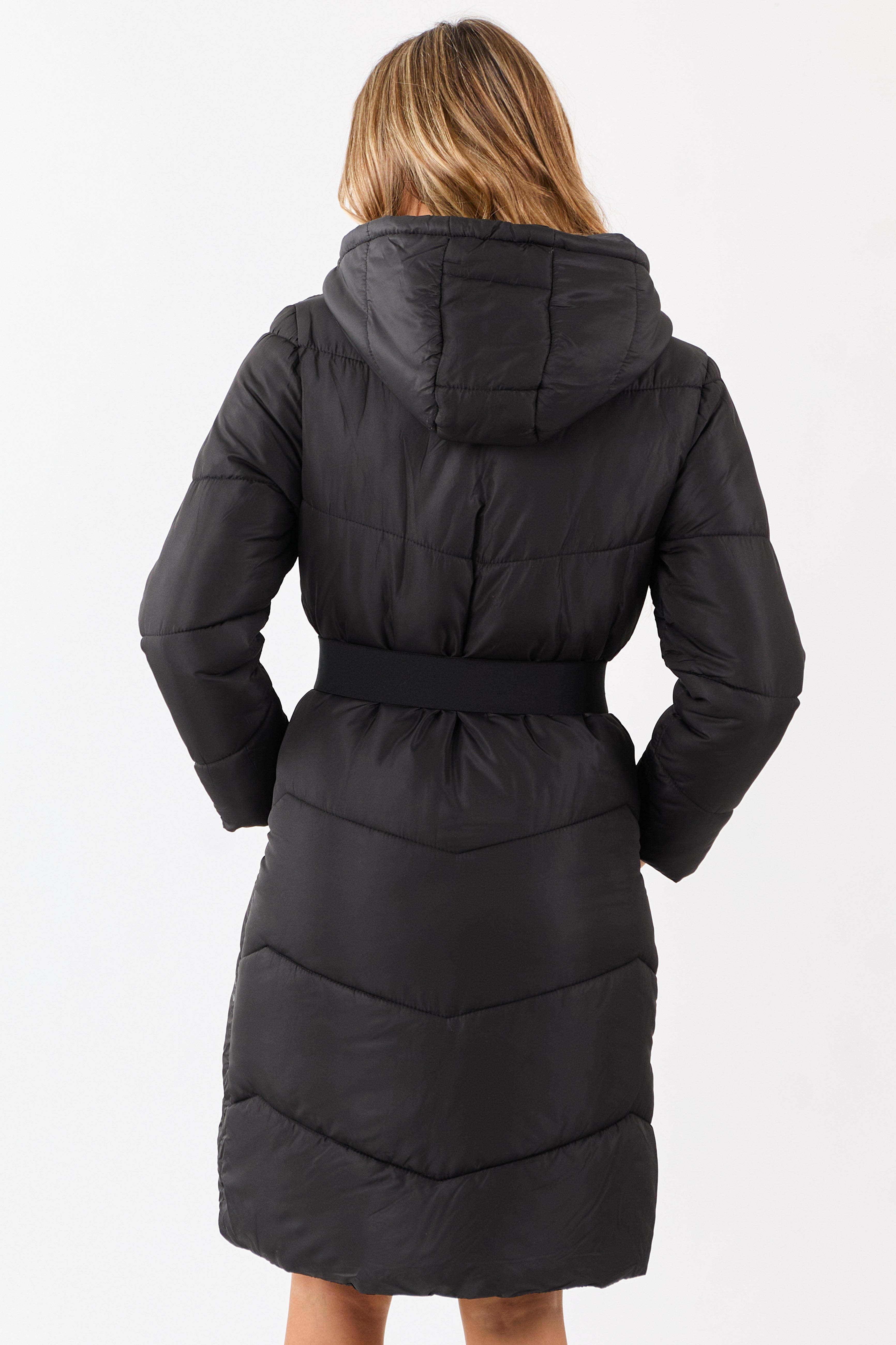 Black Hooded Puffer Duster Coat with Belt
