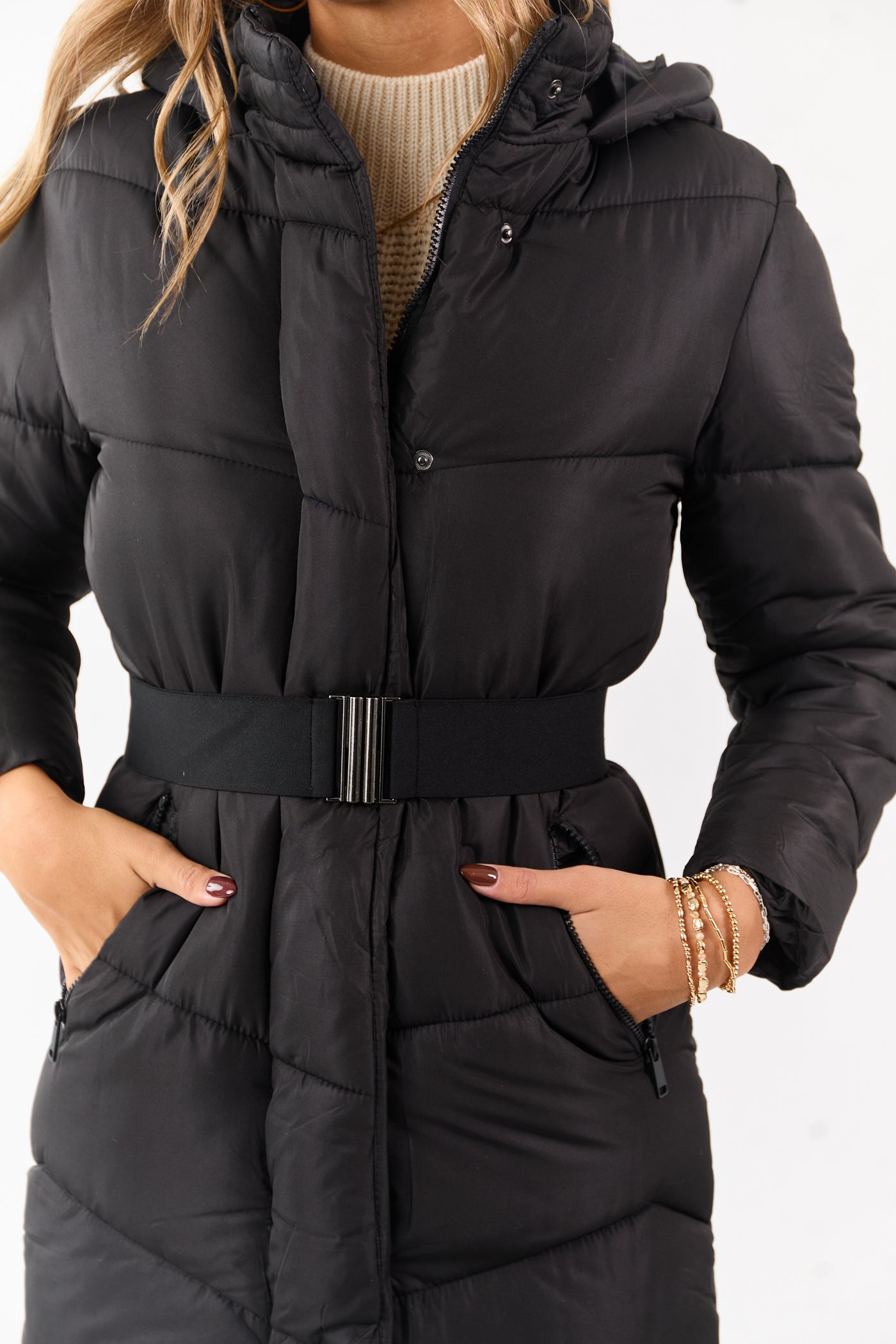 Black Hooded Puffer Duster Coat with Belt