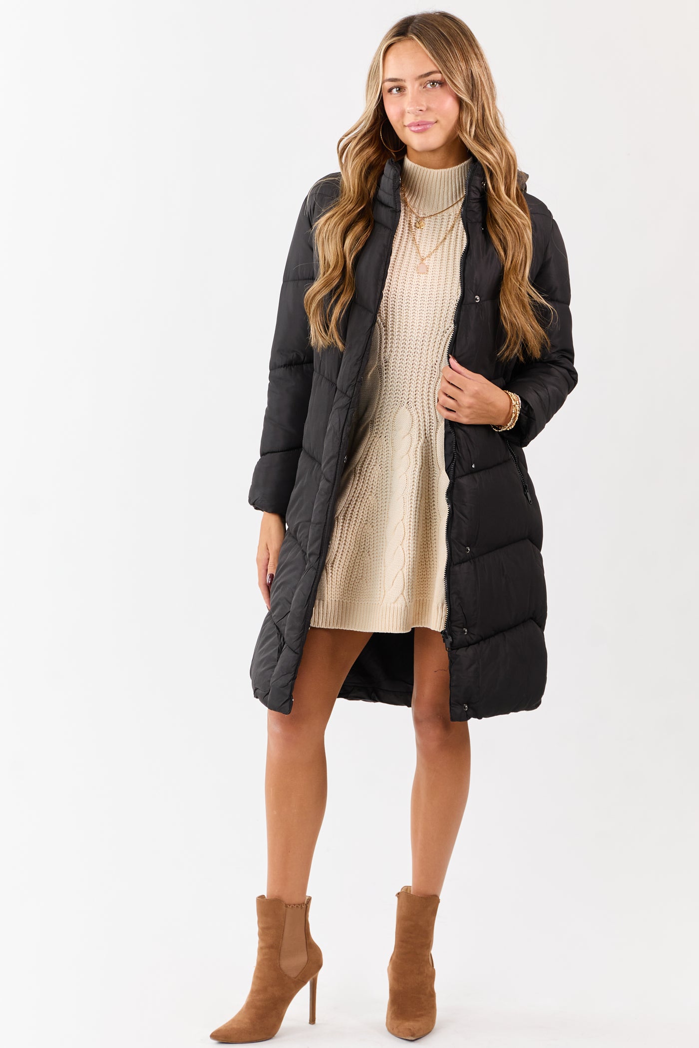 Black Hooded Puffer Duster Coat with Belt