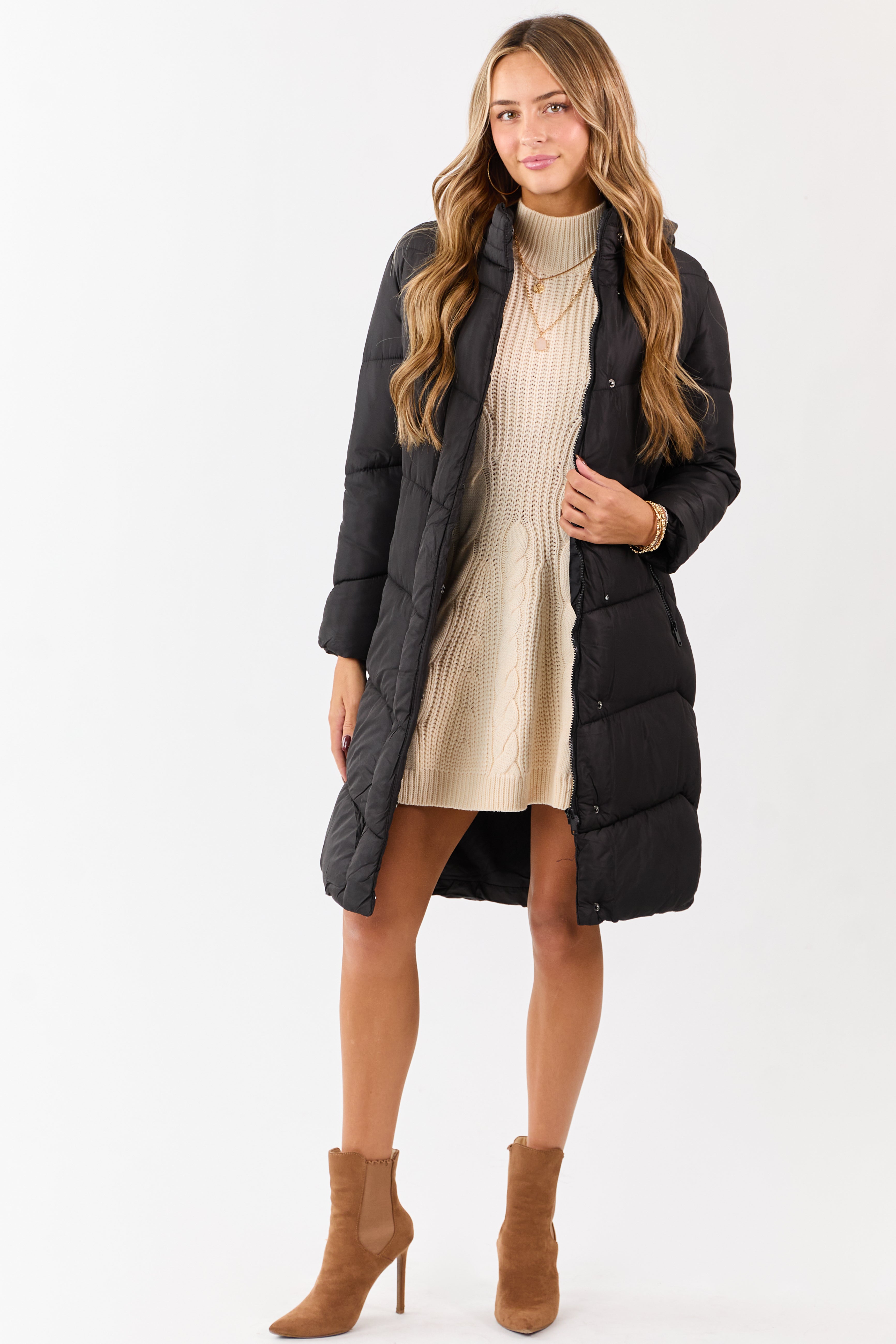 Black Hooded Puffer Duster Coat with Belt