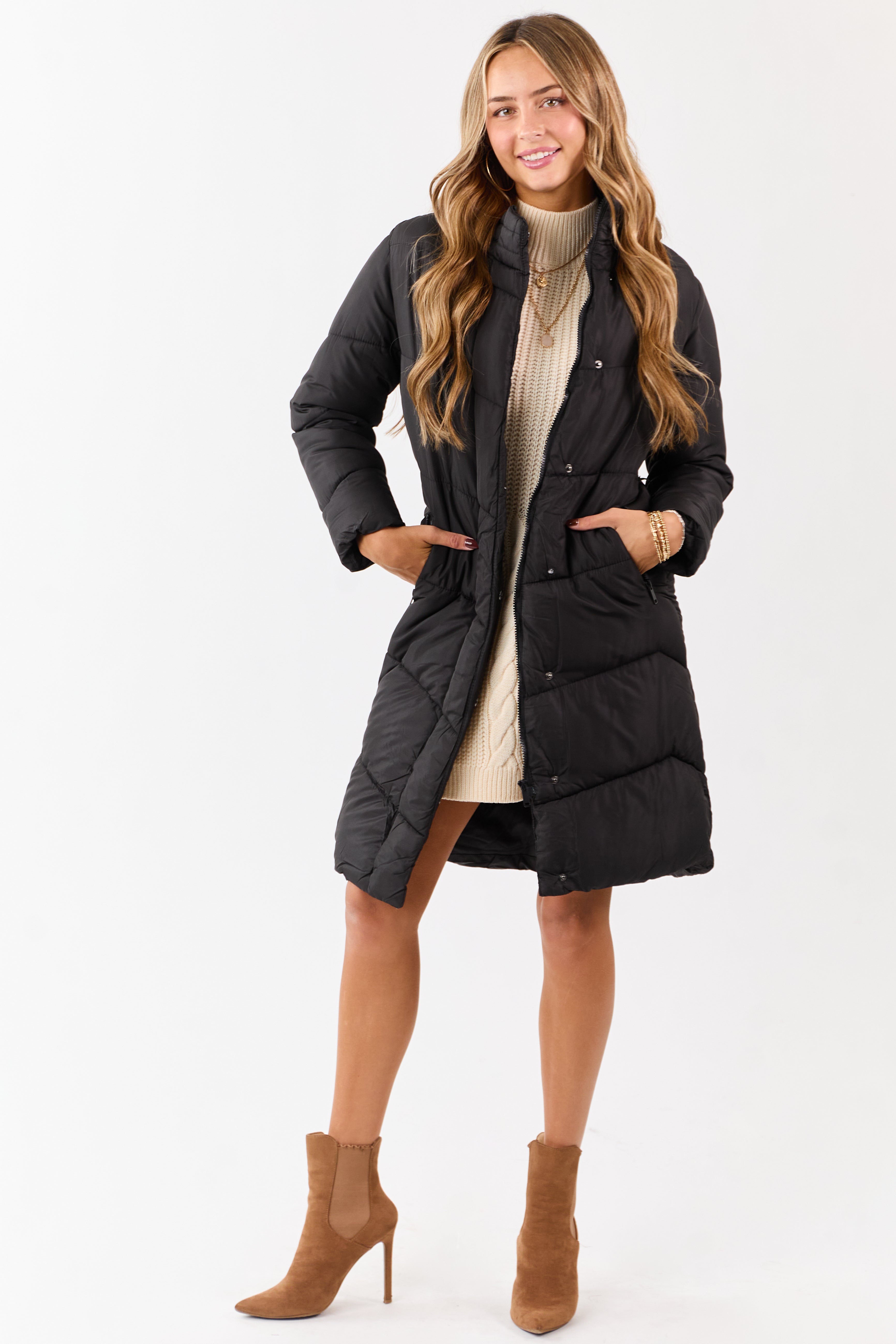 Black Hooded Puffer Duster Coat with Belt