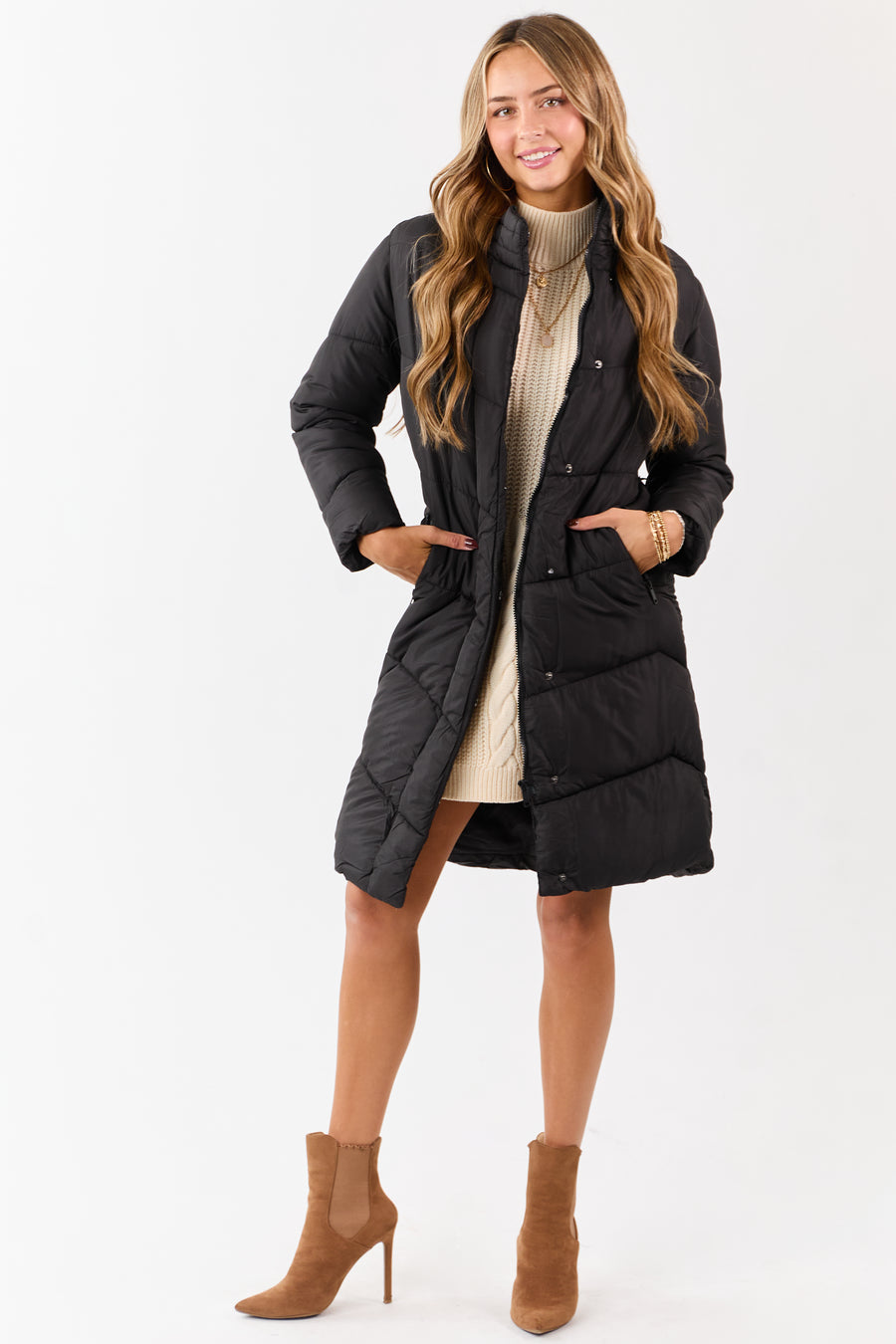 Black Hooded Puffer Duster Coat with Belt