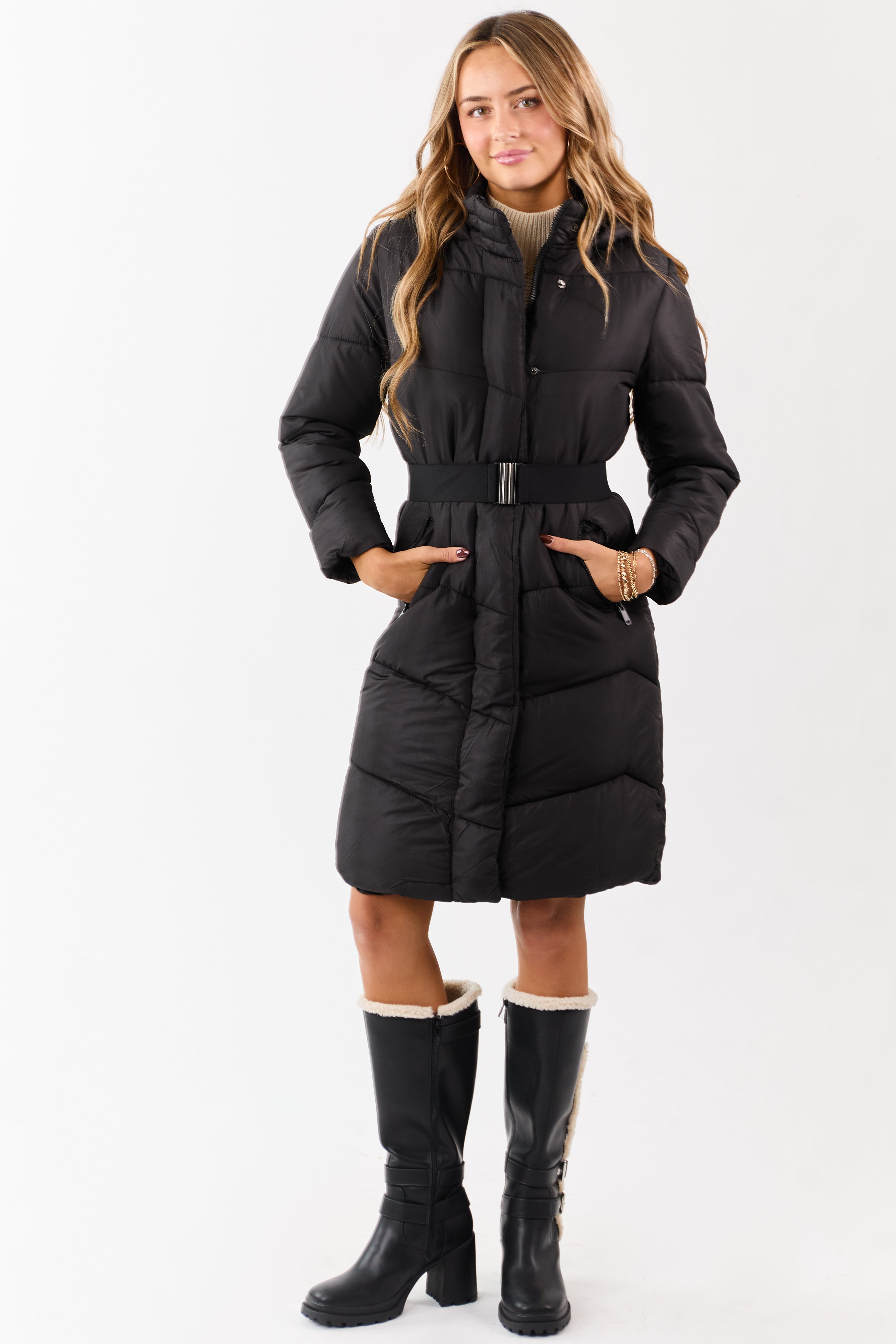 Black Hooded Puffer Duster Coat with Belt